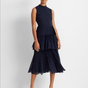 CLUB MONACO Tiered Pleated Striped Midi Dress with High Neck Sz 10
